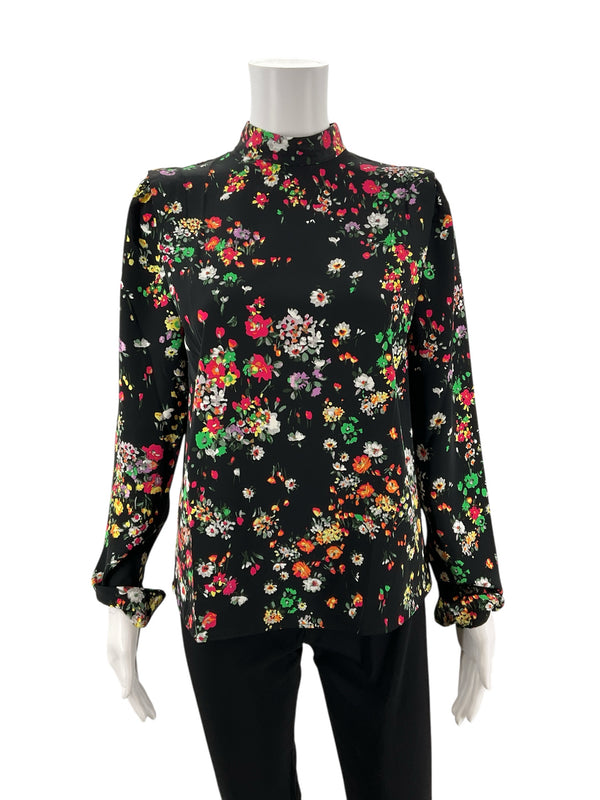 Front view of pre-owned H&M Black Multi Floral Long Sleeve Blouse, size XS. Casual bohemian top with colorful floral pattern.