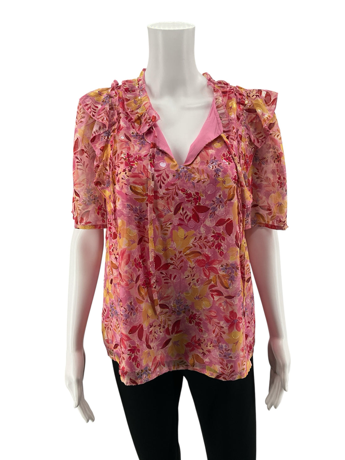 Greylin pink/multi Short Sleeve Adela Ruffle Trim Floral Blouse Pink Metallic NWT Size Large - Size L