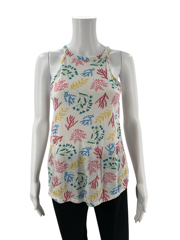 Front view of Gap White/Multi Floral Pre-Owned Ladies Top - Size XS on mannequin, showcasing colorful floral print and high neckline.