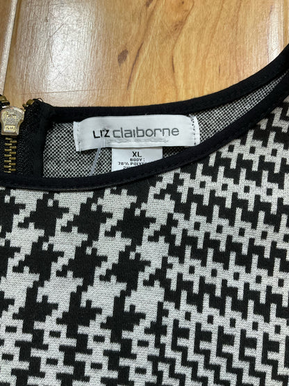 Liz Claiborne Houndstooth Jacquard Knit Tunic Top XL Black Gray Short Sleeve