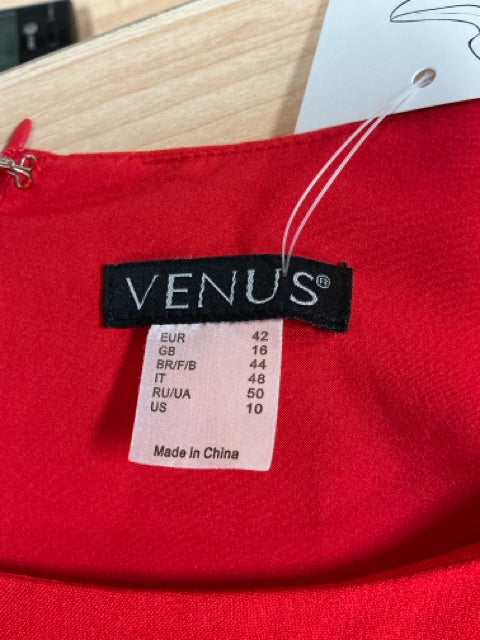 Brand label inside Venus Red Solid Pre-Owned Ladies Dress - Size 10, showing size conversions and 'Made in China' origin.
