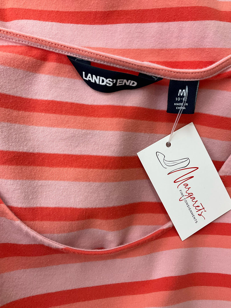 Close-up of Lands' End label and coral striped fabric detailing on pre-owned ruffle sleeve dress, size M (10-12).