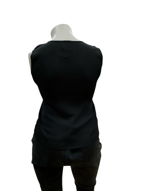 Back view of Chico’s black rhinestones sleeveless top in size large, showing smooth fabric and flattering fit for versatile styling.