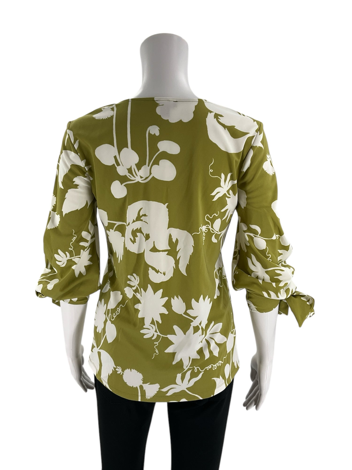 Ann Taylor Green Floral Tie Sleeve V-Neck Blouse Size XS