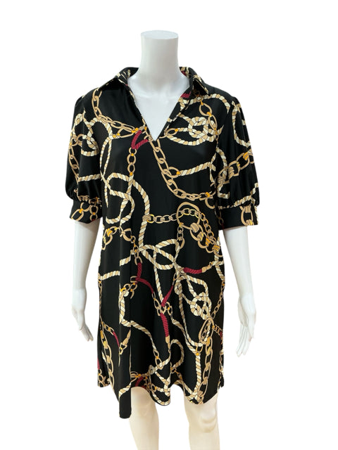 Jude Connally Chain Print V-Neck A-Line Dress Black Size Medium