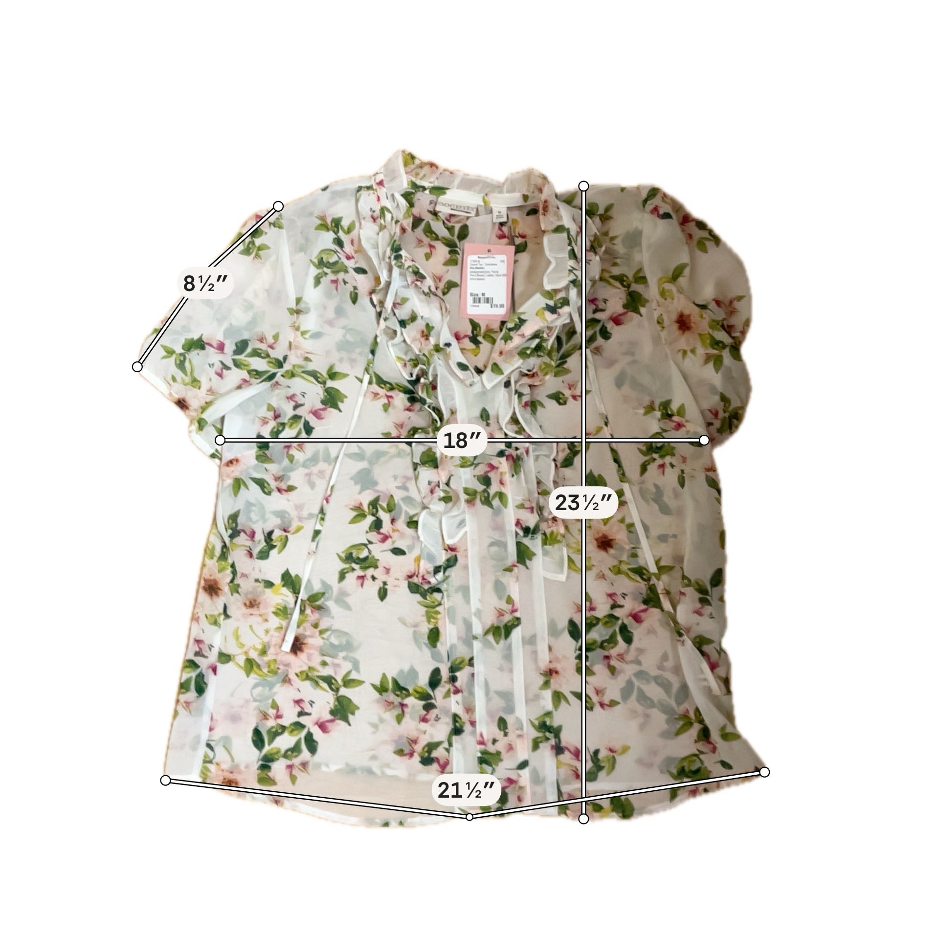 Eva Mendes for New York &amp; Company white/green/pink Short Sleeve Floral Ruffle Tie-Neck Blouse Size Medium NWT - Size M