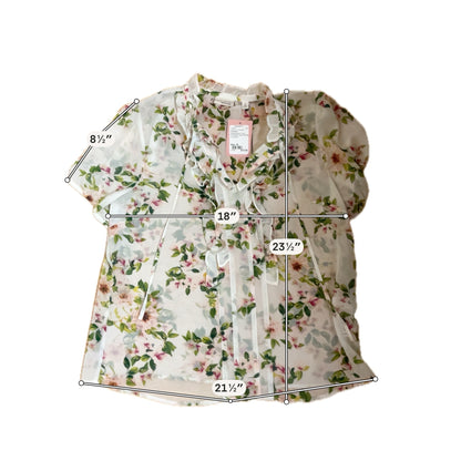 Eva Mendes for New York &amp; Company white/green/pink Short Sleeve Floral Ruffle Tie-Neck Blouse Size Medium NWT - Size M
