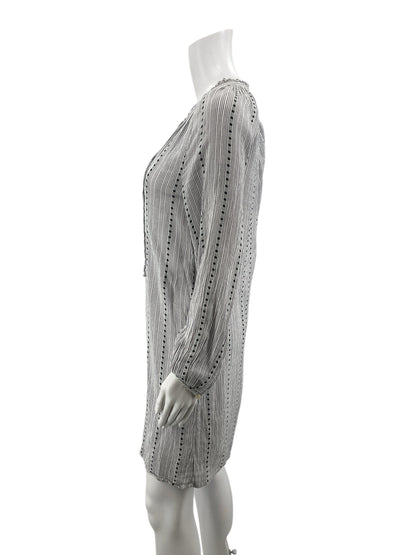 Lucky Brand white/navy Long Sleeve Embroidered Tassel Tunic Dress XS White Navy Stripe Boho Long Sleeve - Size XS