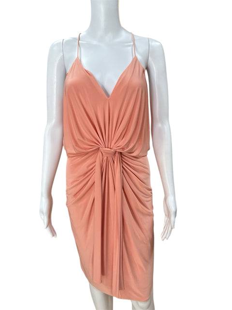 Front view of MISA Mini Dress Size Medium in peach, featuring a V-neckline and gathered knot design, available at Margaret’s Fine Consignments.