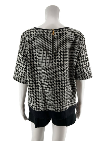 Liz Claiborne Houndstooth Jacquard Knit Tunic Top XL Black Gray Short Sleeve