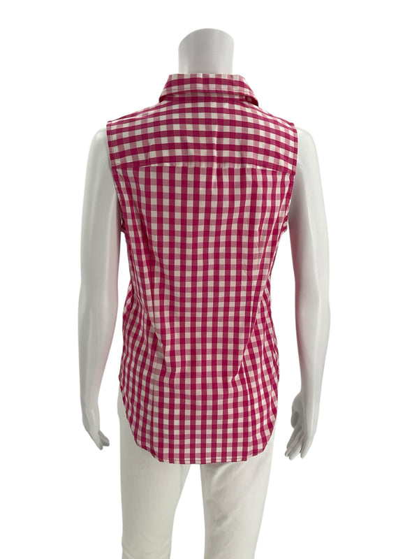 Back view of J Crew Pink/White Checkered Pre-Owned Ladies Casual Top - Size XS, showcasing curved hem and checkered pattern.