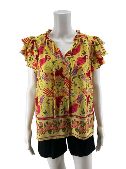 Rachel Roy Tropical Parrot Print Flutter Sleeve Blouse | Size Small