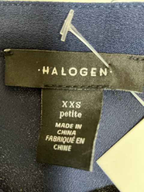 Brand and size tag of Halogen Navy Pre-Owned Ladies Dress - Size XXS Petite, indicating petite fit and made in China.