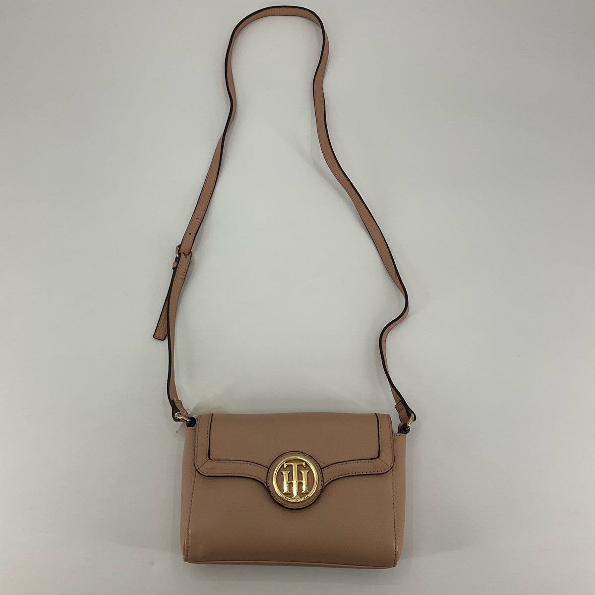 Tommy Hilfiger Tan Pebbled Faux Leather Turn-Lock Crossbody Bag