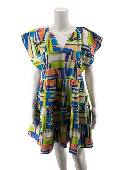 Entro Brushstroke Print Tiered Cotton Babydoll Mini Dress Size Medium