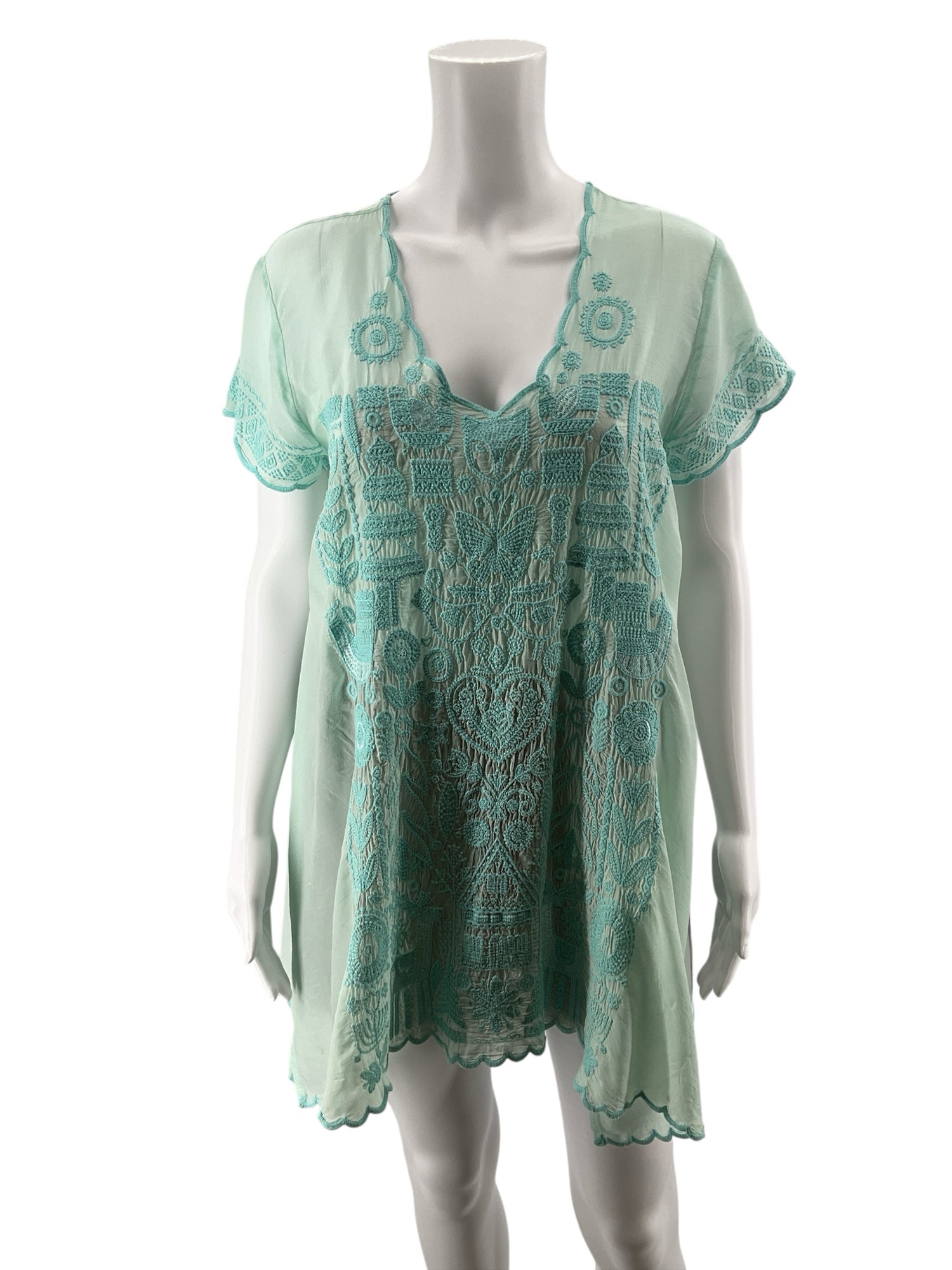 Johnny Was Shiro Aqua Embroidered Flutter Sleeve Tunic Top | Size XS