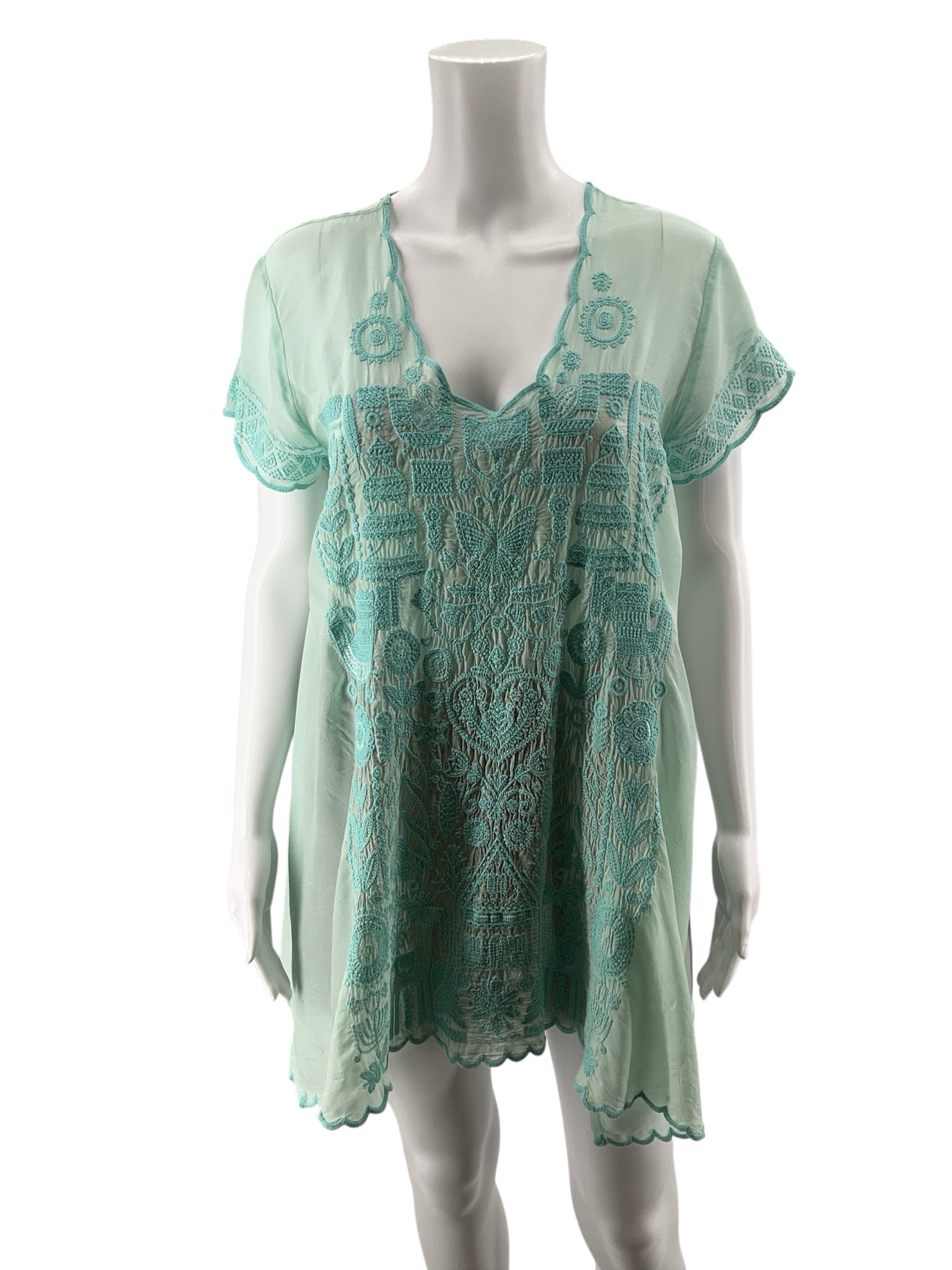 Johnny Was Shiro Aqua Embroidered Flutter Sleeve Tunic Top | Size XS