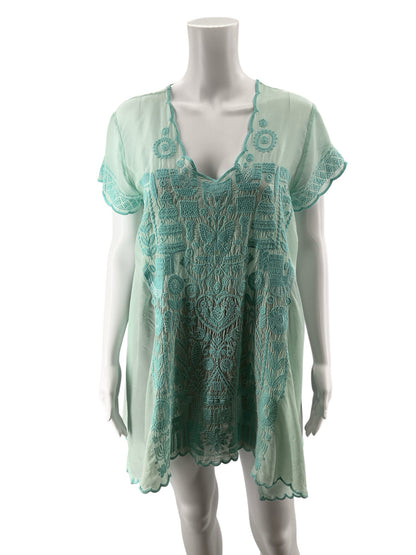 Johnny Was Shiro Aqua Embroidered Flutter Sleeve Tunic Top | Size XS