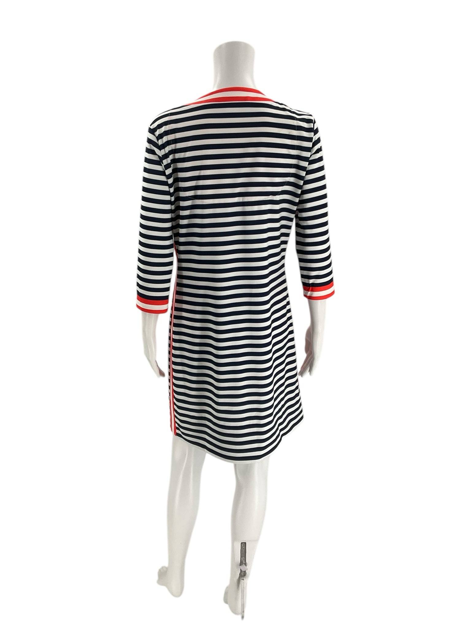 Back view of Gretchen Scott Navy & White Stripe Dress – Size Medium showing full stripe pattern and relaxed fit.