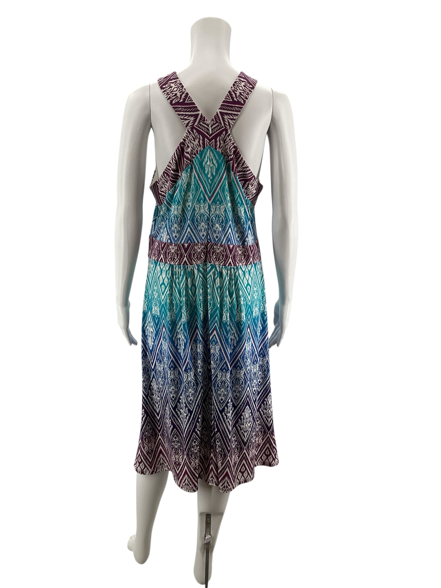 Wisp Ikat Print Dress Size 12 Aqua Purple Empire Waist X-Back Sleeveless