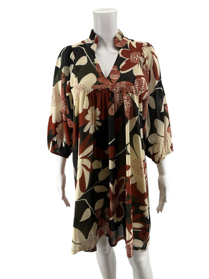 Umgee Rust Floral Boho Tunic Mini Dress 3/4 Sleeve Size Small - ONLINE ONLY