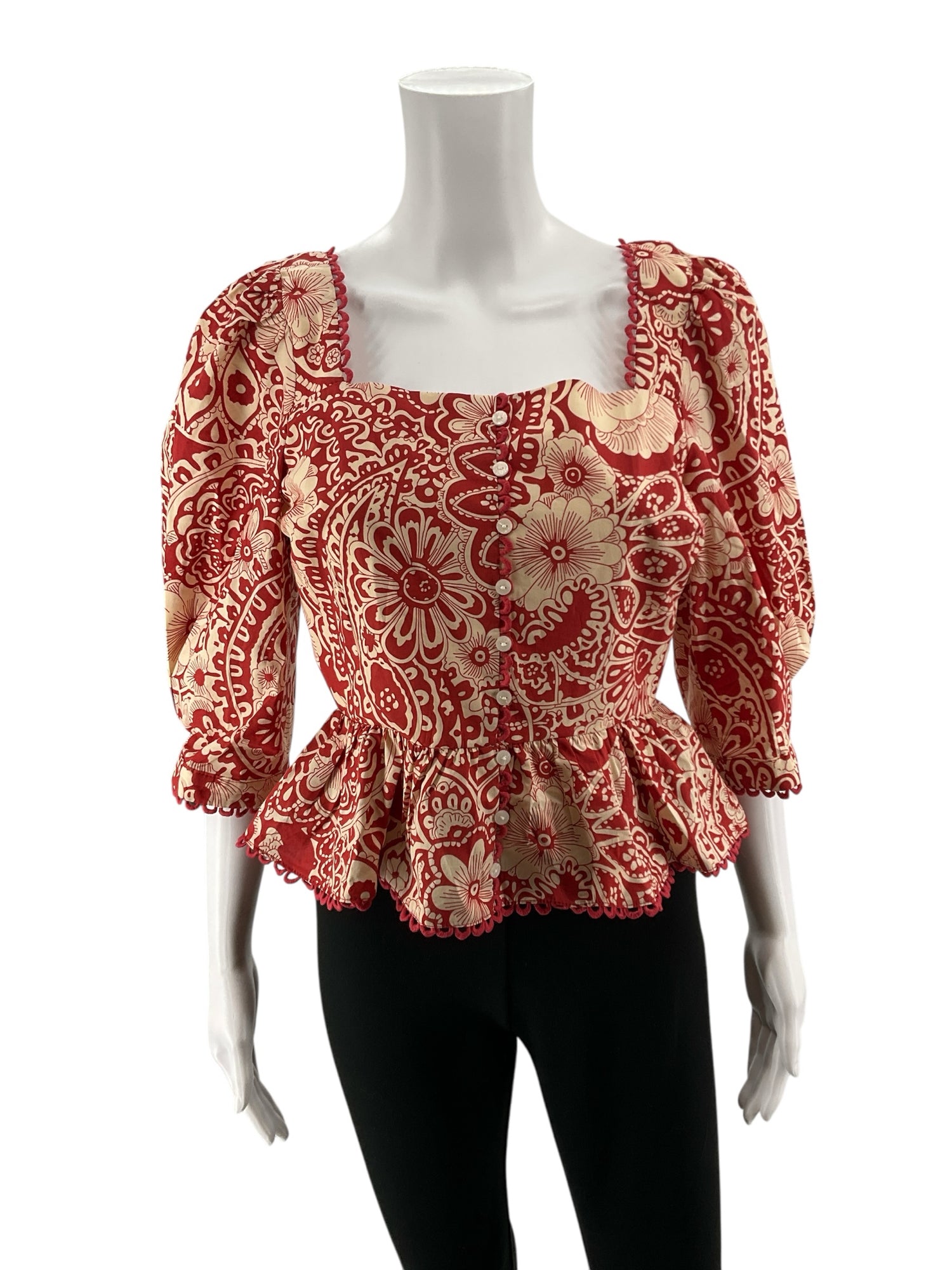 &amp; Merci Red &amp; Cream Floral Paisley Bandana Print Peplum Top Size Medium