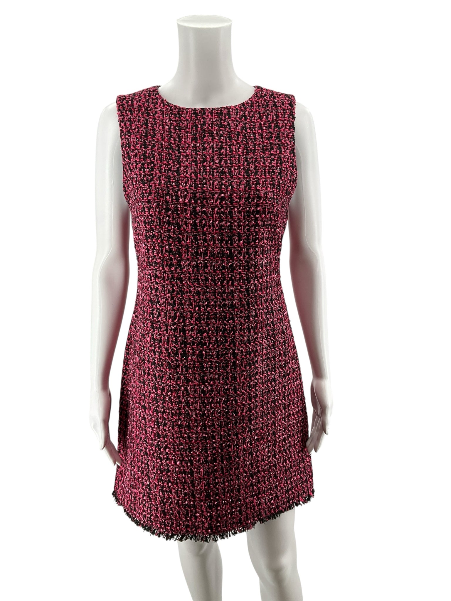 Alice + Olivia Clyde Pink &amp; Black Tweed Fringe Shift Dress | Size 6