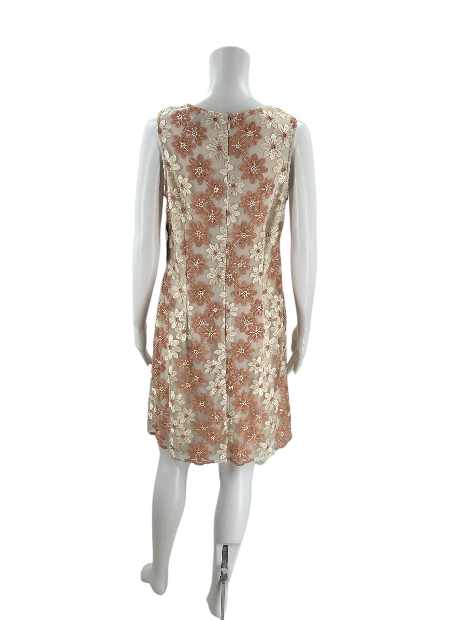 Back view of Donna Ricco Peach/Cream Floral Dress - Size 10, showcasing zipper closure and floral embroidery on sheer overlay.