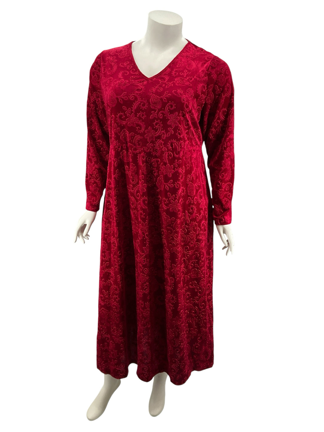 Maple Maple Red Velvet Burnout Maxi Dress Plus Size 1X | Vintage Floral Paisley Holiday Gown- ONLINE ONLY