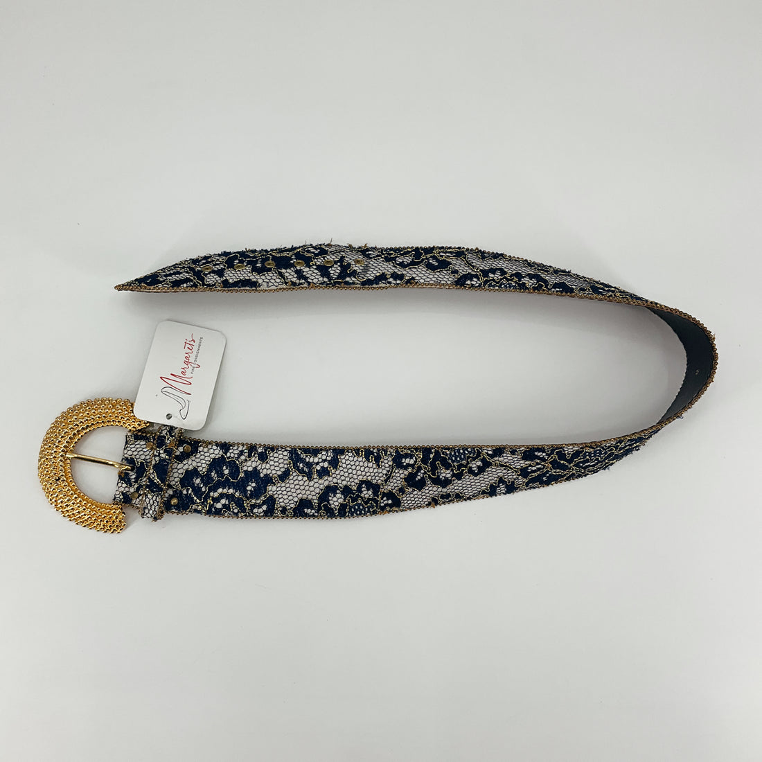 Italian Made Gold Mesh &amp; Black Lace Statement Belt with Oversized Woven Buckle
