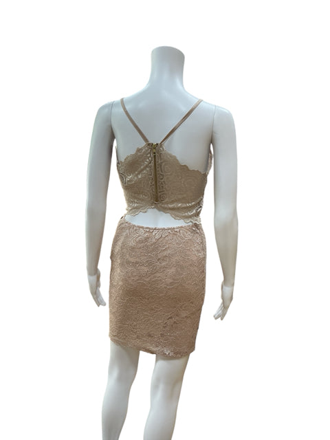 Back view of Emerald Sundae tan lace dress, size small, showing zipper closure and open back detail with spaghetti straps.
