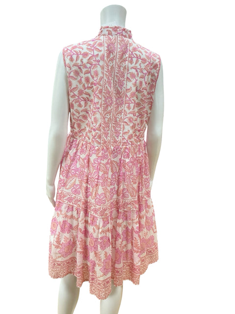 bella tu white/pink Boho Pink &amp; White Floral Ruffle Neck Tiered Cotton Dress Size Medium - Size M