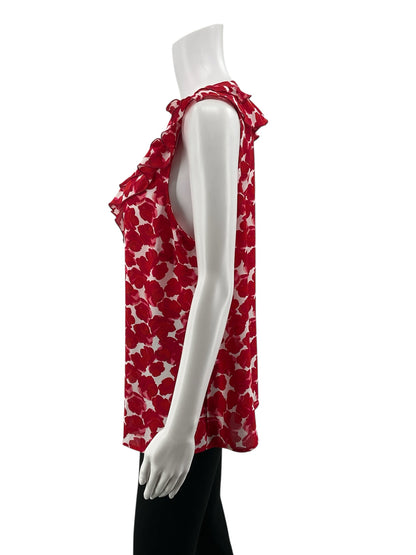 cabi White/Red Sleeveless Valentine Blouse Red Floral Ruffle V-Neck Sleeveless Top Size Large - Size L