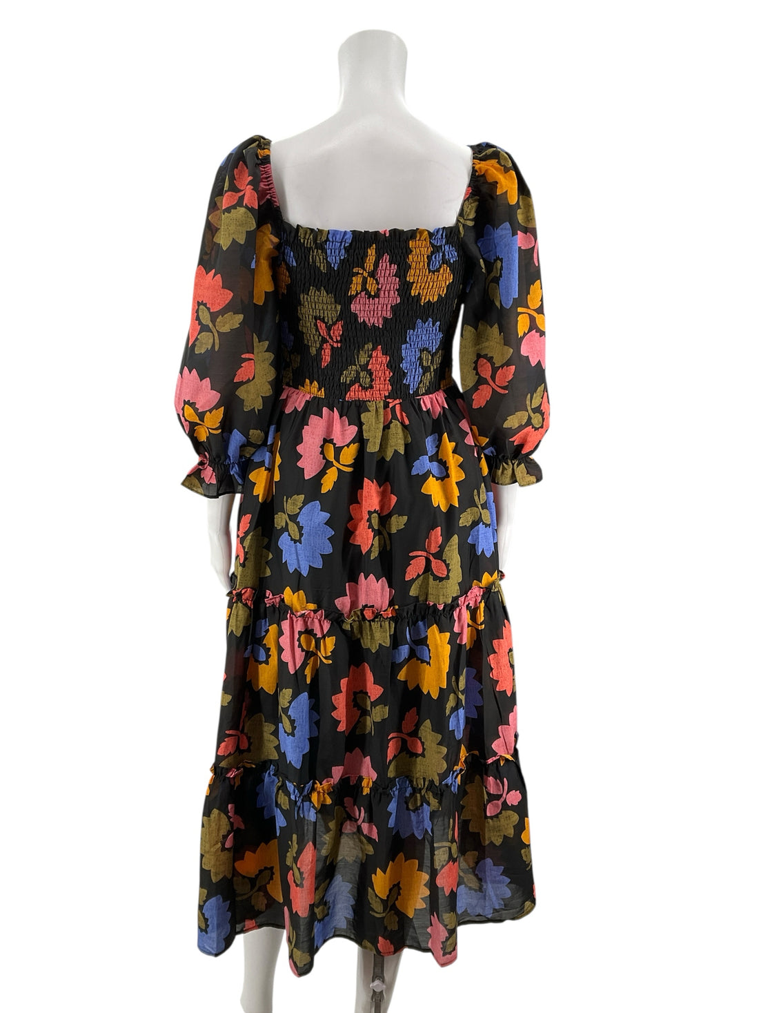 J Marie Black/Blue/Coral/Mustard Floral Pre-Owned Ladies Dress - Size Medium