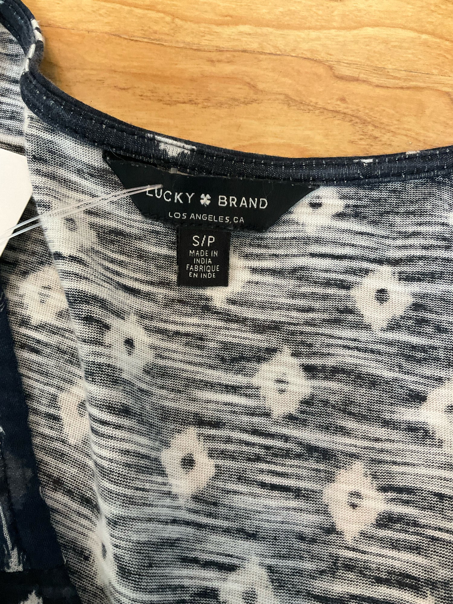 Lucky Brand Navy Ikat Diamond Print Mixed Media Top Size Small