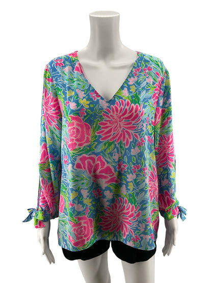 Lilly Pulitzer Elsa Top Multi Sink Or Swim Floral Blouse Size L - Downstairs