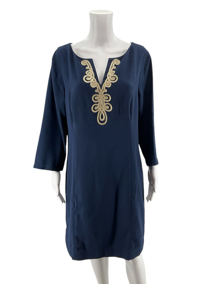 Lilly Pulitzer Kade Dress Navy Gold Embroidered Shift Size 16 NWT