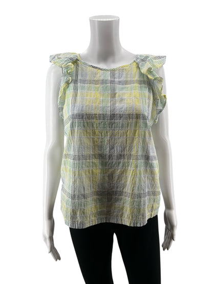 LOFT White/green/yellow Sleeveless Plaid Flutter Sleeve Keyhole Back Top Size Small - Size S