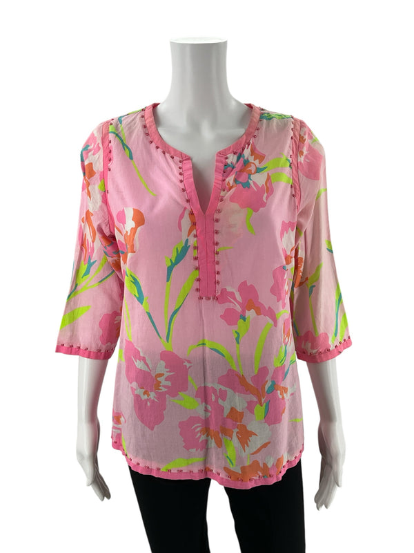 Gretchen Scott Pink/Lime Floral Pre-Owned Ladies Top - Size Small