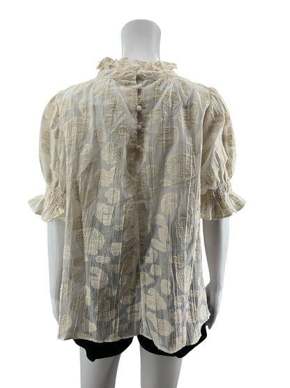 Hunter Bell Crawford Top Cream Jacquard Dot Ruffle Puff Sleeve Blouse Size Large