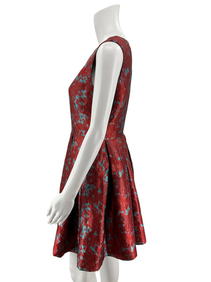 BB Dakota Jayla Red Teal Abstract Jacquard Fit &amp;amp; Flare Dress Size 8