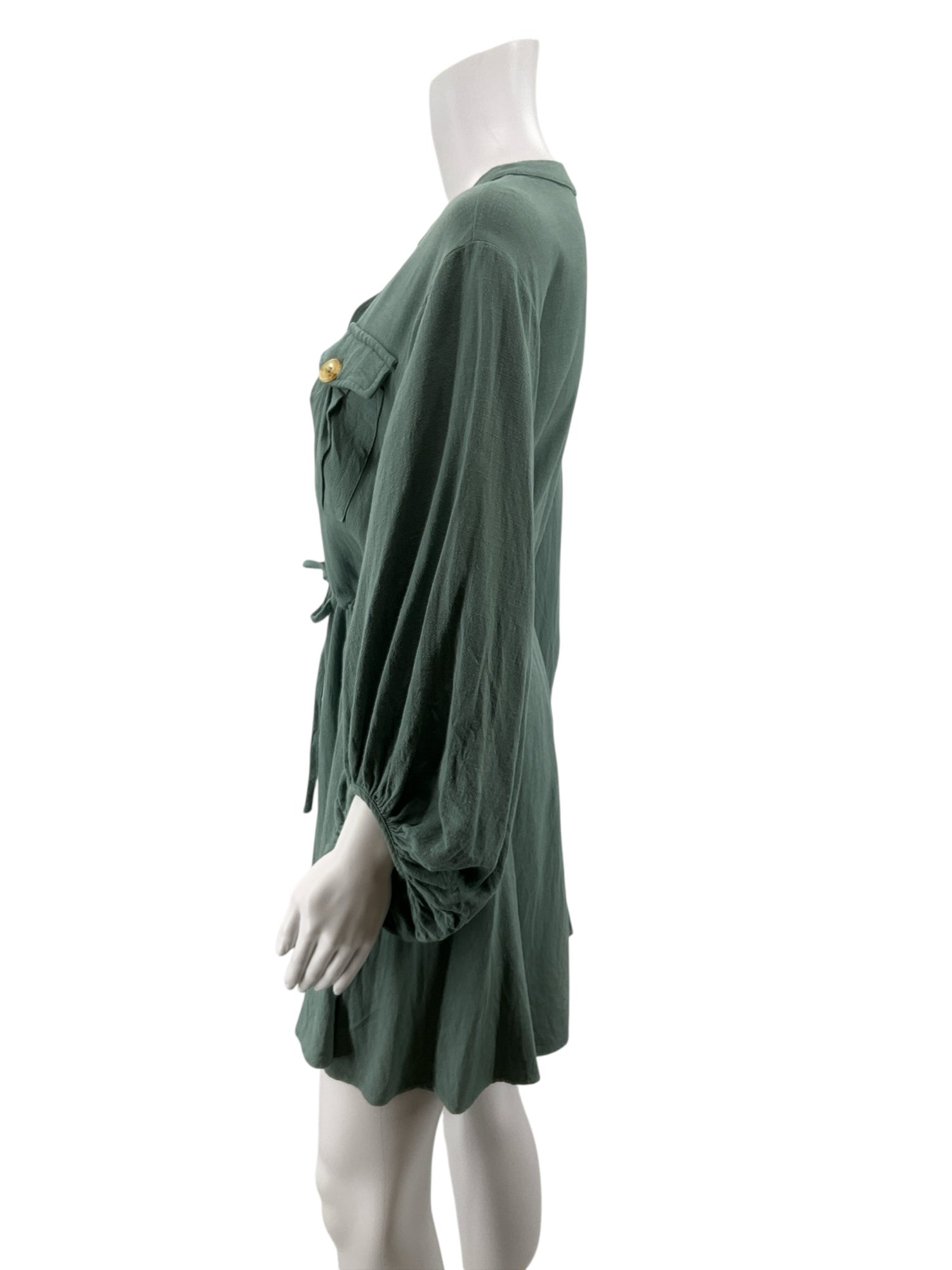 Entro Sage Green Linen Blend Button-Front Mini Dress | Size Small