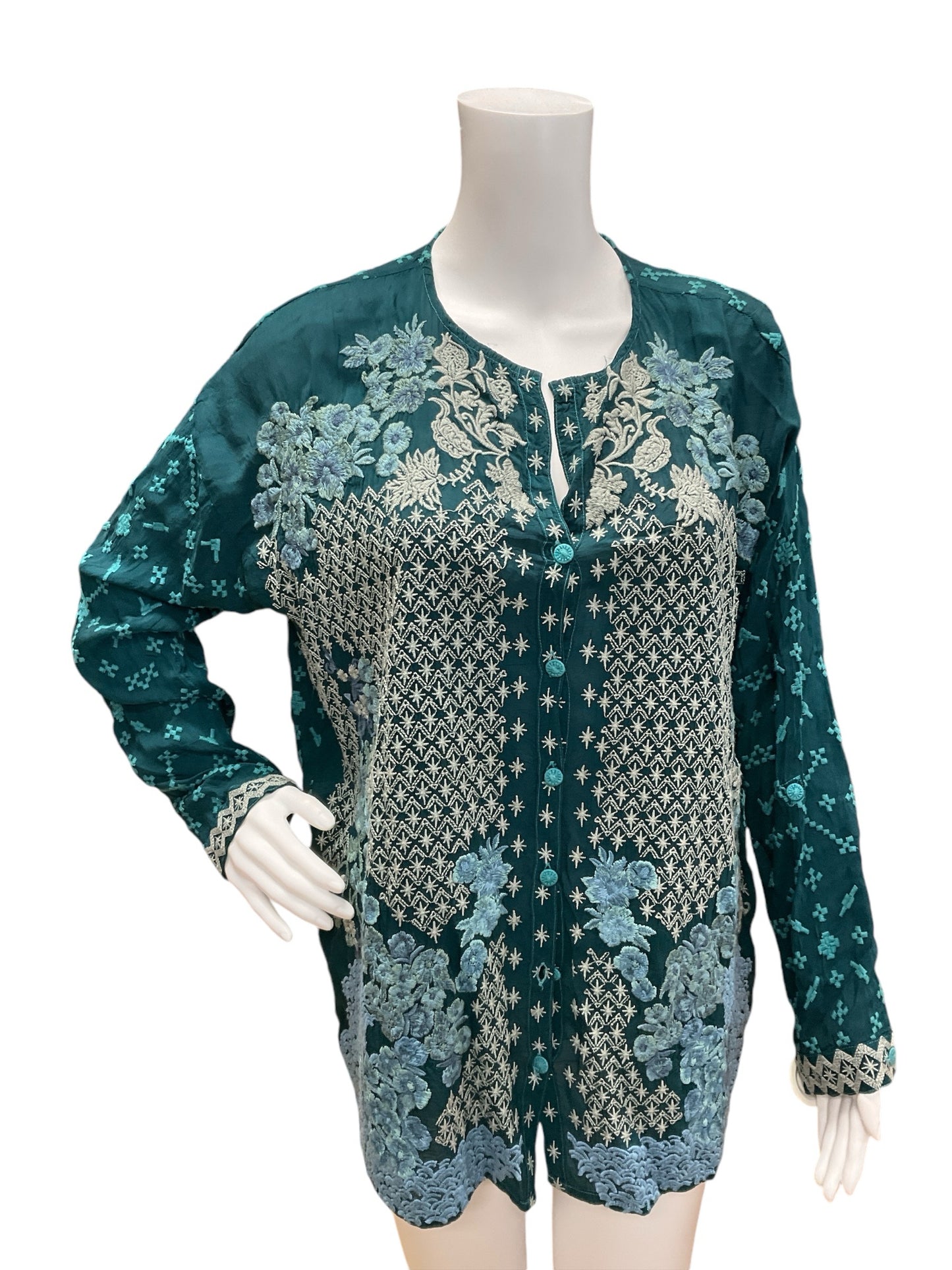 Johnny Was Size XS Turquoise Floral Casual Top