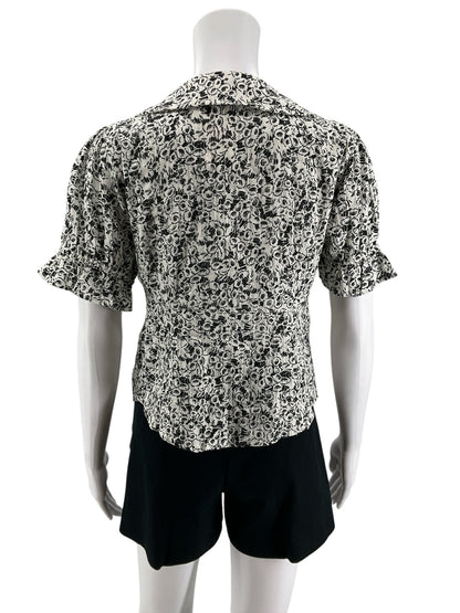 Pilcro Ruffled Floral Peplum Blouse Cream Black Print Cotton Top Size Small - ONLINE ONLY