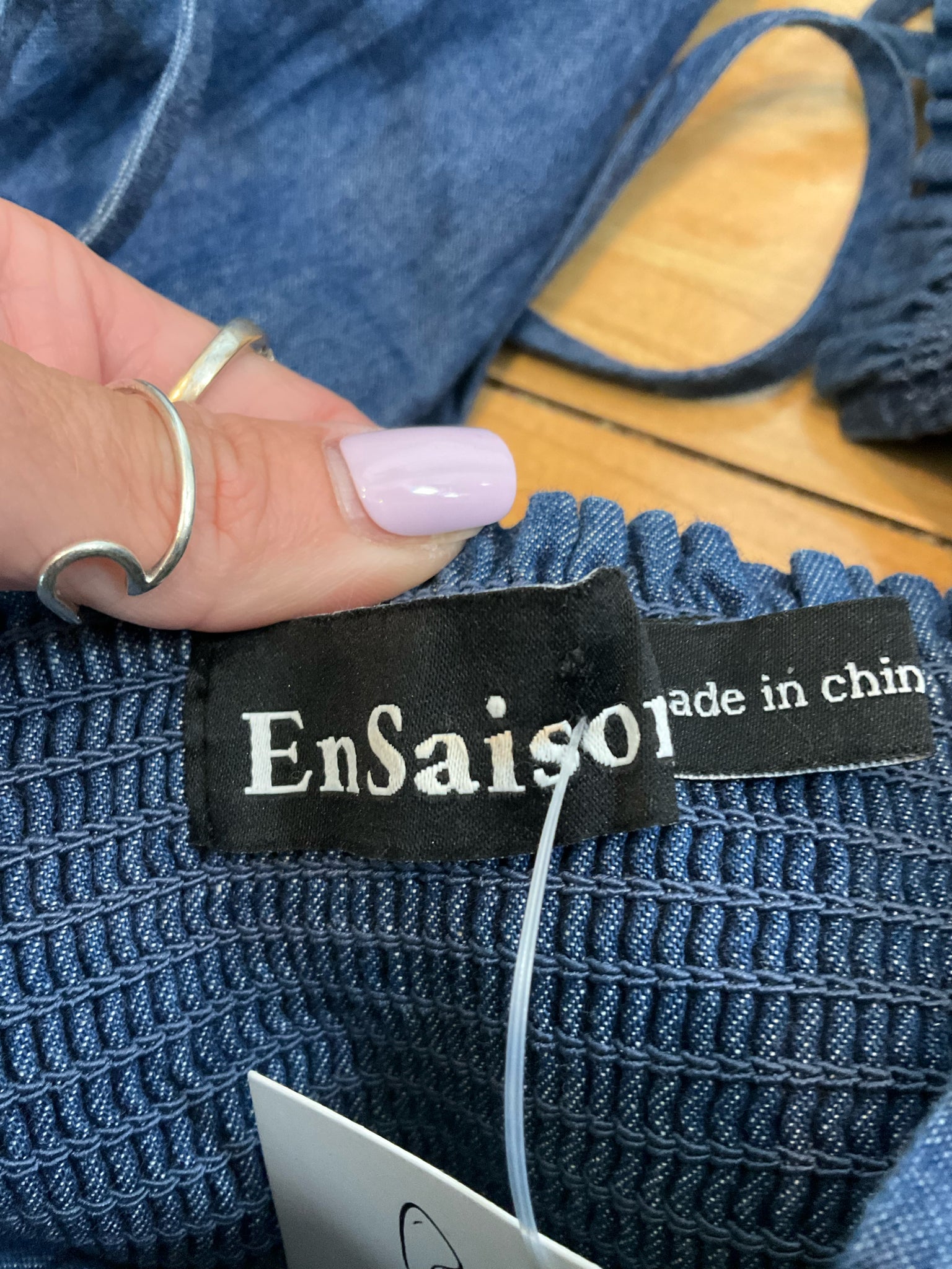 En Saison Denim Smocked Puff Sleeve Mini Dress Blue Medium
