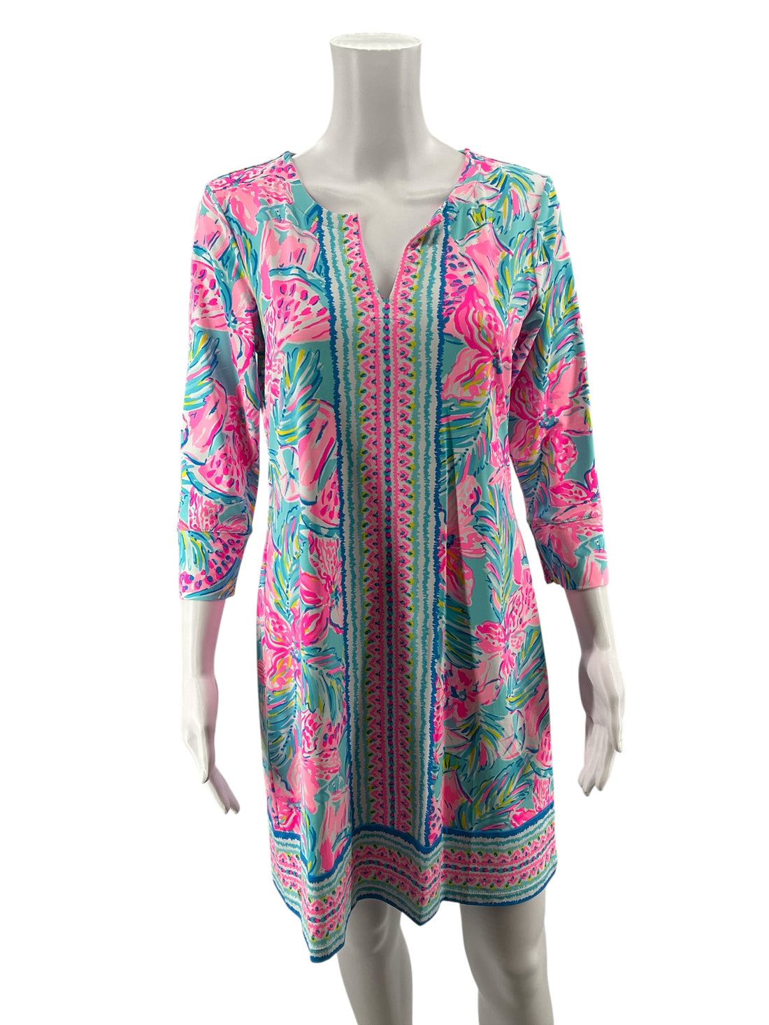 Lilly Pulitzer Aqua/Pink/White Floral Pre-Owned Ladies Dress - Size Medium