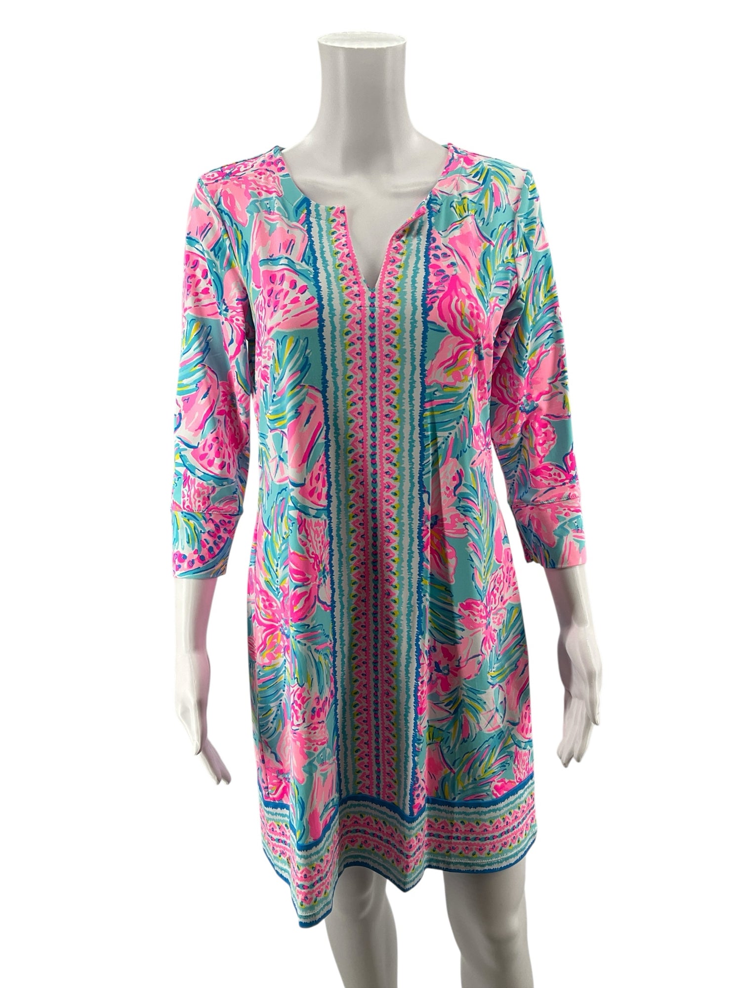 Lilly Pulitzer Aqua/Pink/White Floral Pre-Owned Ladies Dress - Size Medium