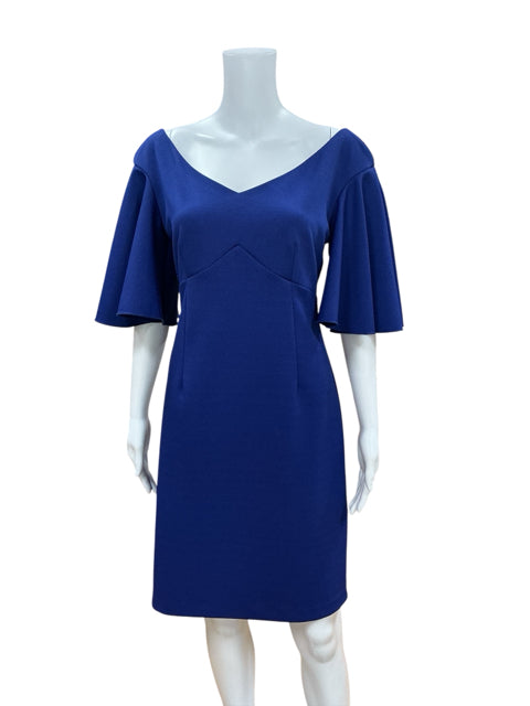Front view of Trina Turk Blue Solid Pre-Owned Dress Size 8 on mannequin, featuring sheath silhouette and flutter sleeves.