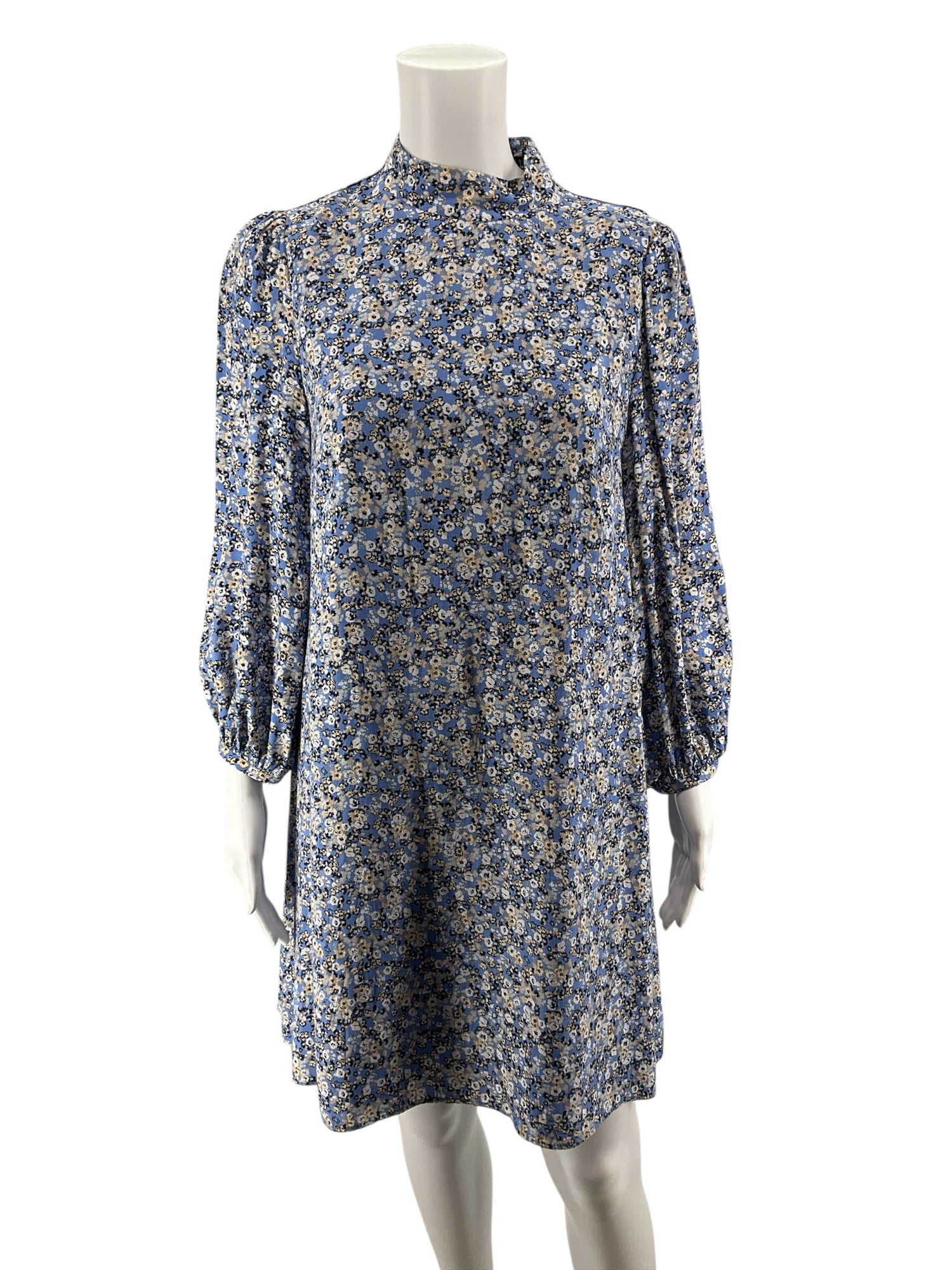 Ann Taylor Ditsy Floral Balloon Sleeve Shift Dress Blue Tan Size 6