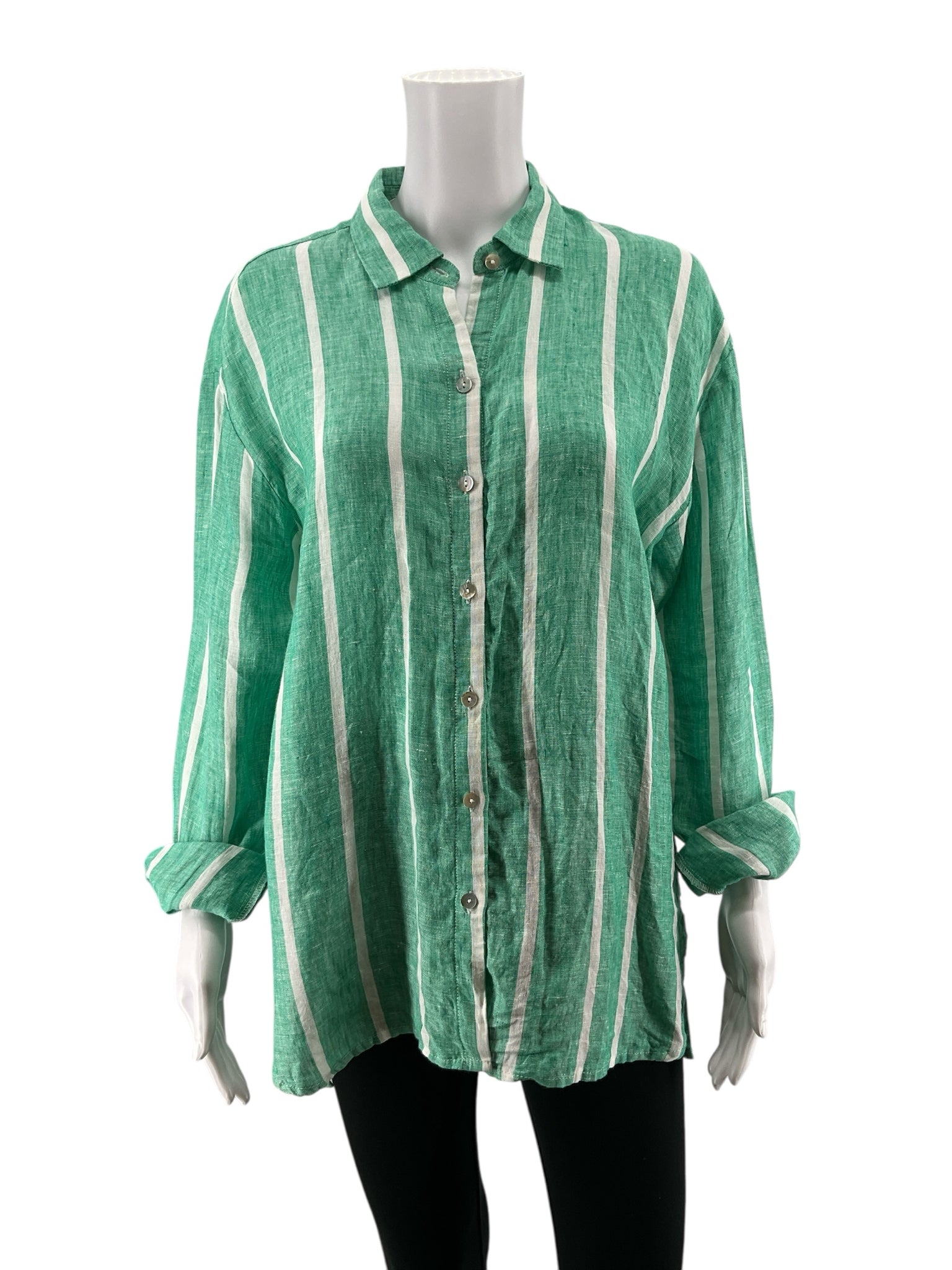 Magaschoni Green/White Button Down Green &amp; White Striped 100% Linen Button Down Shirt Size Small - Size S